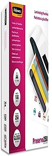 Fellowes Lamineringsfolier A4, 250 mikron (2 x 250 mic), varma lamineringsfilmer med glänsande finish, mycket starka, 100 stycken
