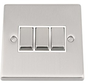 Light Switch Triple 3 Gang - Satin Matt Chrome Square - White Insert - Metal Rocker Switch - 10 Amp 3 Gang 2 Way