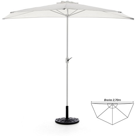 Nexos Komplett-Set Sonnenschirm Weiß Halb-Schirm Balkonschirm Wandschirm halbrund 2,70m mit passendem Schirmständer und Schirmschutzhülle