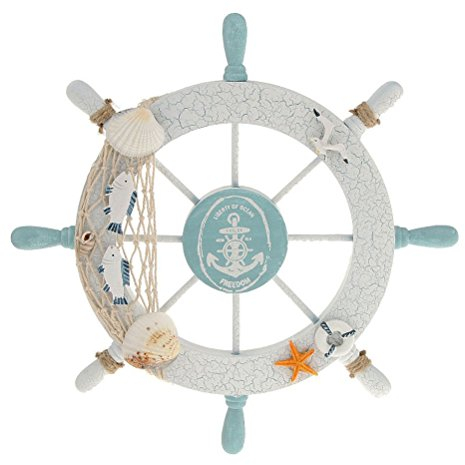 Steuerrad Holz mit Fischnetz Rettungsring Muscheln Seesternen Wanddeko Deko