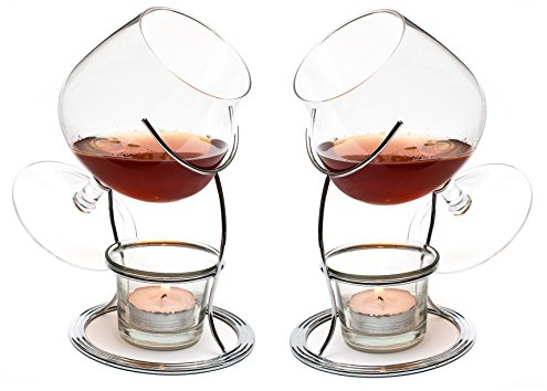 CKB LTD® Set di 2 bicchieri scaldavivande per brandy e cognac, set regalo con candela tealight e supporto cromato, set da due pezzi