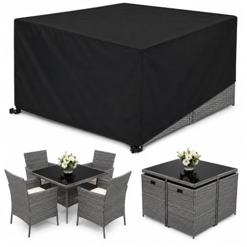 Fineway Deluxe Garden Furniture Cover Waterproof - Extra Heavy Duty Outdoor Furniture Covers Waterproof with Drawstring, Straps - Square Rattan Table & Chairs Garden Rattan Furniture Cover