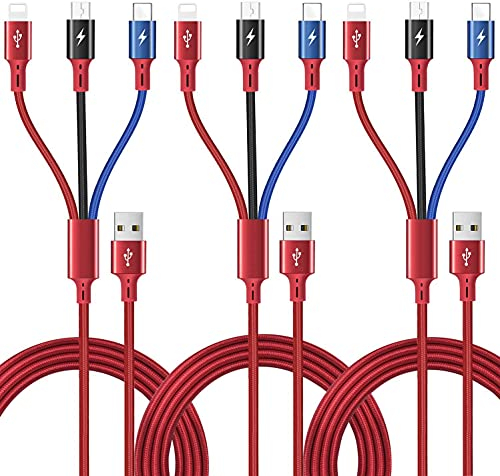 3Pcs Multi USB Charging Cable 3A, ASICEN 1.5m 3-in-1 Fast Charging Cord Connector with Lightning/Type-C/Micro-USB Ports Aapter Compatible with Tablets/Samsung Galaxy/Google Pixel/LG/Huawei/Xiaomi