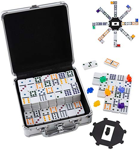 Homwom Double 12 Colored Dot Dominoes Mexican Train Game Set, 91 Tiles Dot Dominoes with 9 Trains, Scoreboard, Octagon Shape Hub and Aluminum Case