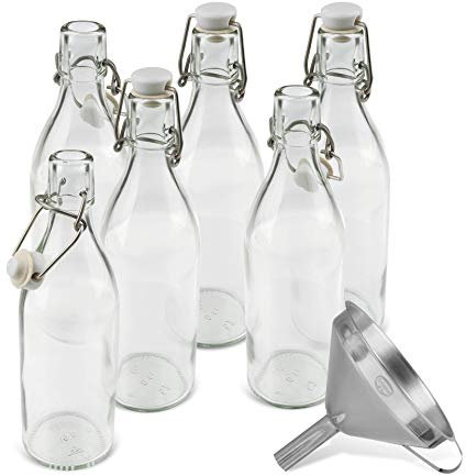 Dr. Oetker Glasflaschen mit Bügelverschluss 500 ml mit Trichter, hochwertiges Bügelflasche, luftdichte Saftflasche, Flasche zum Selbstbefüllen (Farbe: Transparent/Weiß/Grau), Menge: 1 x 7er Set