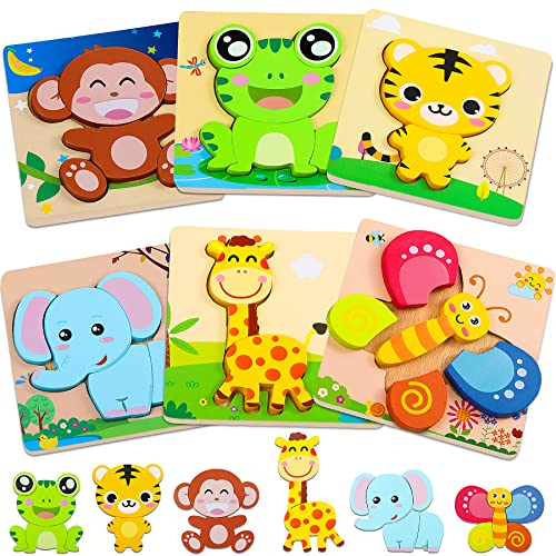 lenbest 6 Stück Holzpuzzle - Tier Montessori Spielzeug - Kinderspielzeug Holzspielzeug Steckpuzzle Lernspielzeug Spielzeug 1 Set ab 2 3 Jahre - Weihnachten Geschenke Mädchen Junge