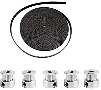 JZK 5 Meter GT2 Zahnriemen 6 mm Breite und 5 Stück GT2 Zahnriemenscheibe 16 Zähne 5 mm Bohrung für 3D-Drucker, 2GT Zahnriemen mit 2GT Riemenscheibe 16t