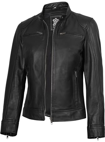 fjackets Vestes en cuir noir pour femmes - Cafe Racer Moto Veste en cuir véritable pour femme | [1313763] Dodg, M