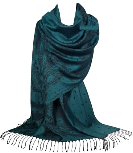 GFM® Women's Pashmina Style Ladies Scarf Shawl Wrap-Peacock Feathers-Peacock Green Blue-(DRV)(HD)(PCKPASH-P3-PCKKL)