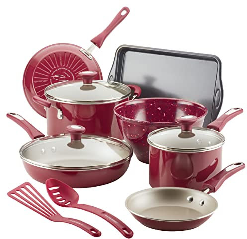 Rachael Ray Get Cooking! Nonstick Cookware Pots and Pans Set, Includes Baking Pan and Cooking Tools, 12 Piece - Burgundy,Red