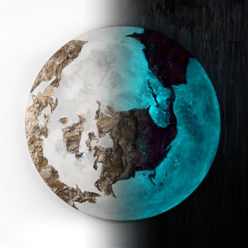 YS-Art Dipinto Fluorescente Fatto a Mano con Mappamondo su Tela Rotonda, Quadro Astratto Terra, Decorazione da Parete Moderna per Soggiorno e Ufficio 100cm