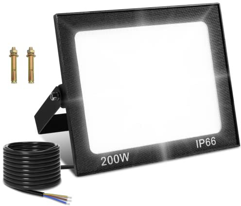 Viugreum 200W Led Floodlight Outdoor 16000LM Safety Light IP65 Waterproof Garden Flood Lights Unique Shell Work Lighting Cold White Wall Light with 75cm Cable Outside for Yard Garden Backyard