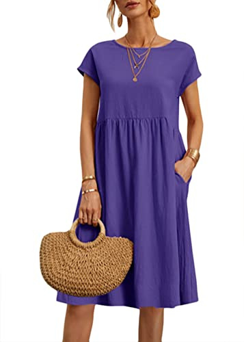 Earnmore Vestiti da Donna Estivi Girocollo Manica Corta Vestiti Casual Abito in Lino Eleganti Tinta Unita Vestito Boho Abiti al Ginocchio Larghe Abito da Spiaggia