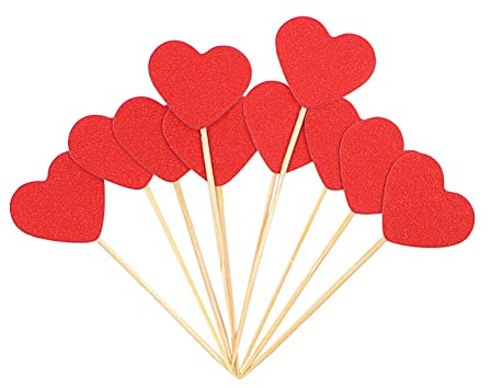 FSSTUD Cupcake-Topper in Herzform, glitzernd, süße Liebe, Kuchendekoration, Hochzeit, Verlobung, Cupcake-Picks, Geburtstag, Valentinstag, Kuchendekorationen für Brautparty, Rot, 50 Stück
