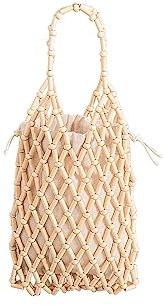 CORIOS Damen Gewebte Handtasche Böhmische Tote Beutel Retro Eimer Taschen Sommer Strand Tasche Gestrickte Tasche Holz Perlen Henkeltaschen Openwork Tragetasche für Reise Urlaub Strand Weiß