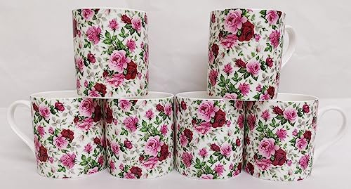 Rainbow Decors Juego de 6 tazas de porcelana fina de 265 ml, diseño de rosas inglesas decoradas a mano