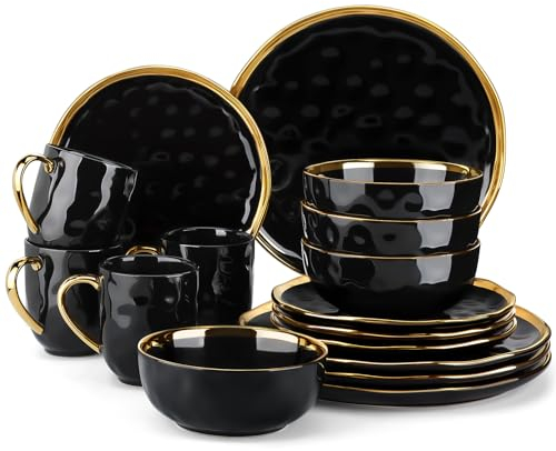 LOVECASA 'Apollo', 16 Piece Dinner Set, Stoneware Dish Set for 4, Kitchen Plates and Bowls Sets, Handmade Dinnerware Set with Gold Trim, Dishwasher Safe, Black and Gold