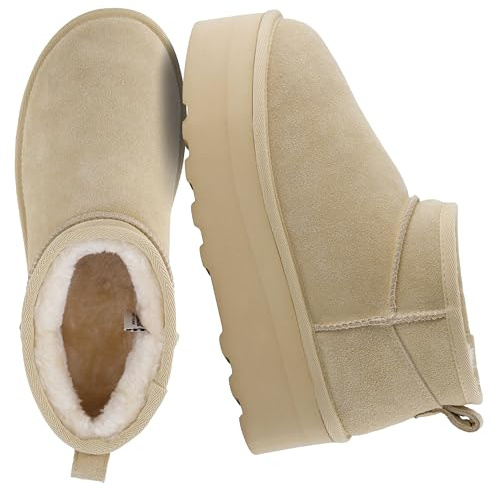 CUSHIONAIRE Hippy Women’s Platform Ankle Boots – Genuine Suede, Faux Fur Lining, Cozy Winter Slip-On Design boots for women, SAND 11