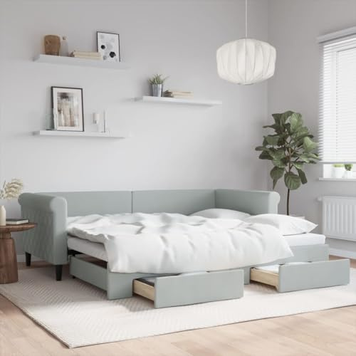 DJEKA Tagesbett Ausziehbar 90x200 cm mit Schubladen Jugendbett 90x200 cm Bett Mit Ausziehbett Hellgrau-36 Tagesbett 90x200 Ausziehbar Tagesbett aus Holz Tagesbettgestell Sofabett Schlafsofa Samt