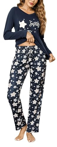 Litherday Pijama Mujer Invierno Algodón 2 Piezas Pijama Largo Mujer Manga Larga Suave y Cómodo con Bolsillos Ropa de Dormir Mujer con Cuello en V y Estampado de Estrellas,Azul Oscuro + Estrellas,XXL