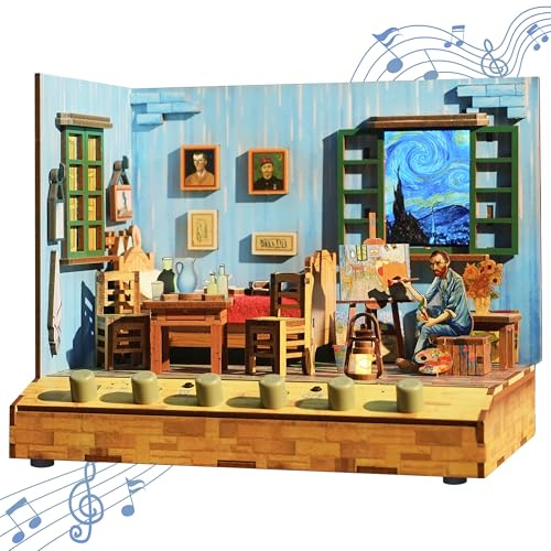 Tonecheer DIY Miniatura La Camera di Vincent Kit Mini Casa per Adulti da Costruire, Puzzle 3D in Legno con Effetti Sonori, Decorazione per Libreria, Regalo di Compleanno Natale per Donne e Uomini