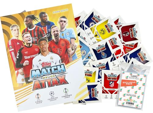 Bundle mit Match Attax Champions League 2024/25 - Trading Cards - Leere Sammelmappe + 100 Verschiedene, zufällige Karten + Exklusive Collect-it Hüllen