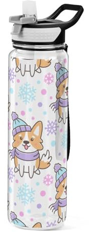 Mnsruu Transparente Sport-Wasserflasche mit Strohhalm, auslaufsichere Trinkflasche, §³ute Hunderasse, walisischer Corgi in Mütze und Schal mit Schneeflocken auf weißem Hintergrund, Fahrradflaschen für