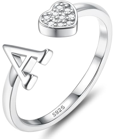 JeweBella Bague Argent 925 Lettre A-Z Coeur Reglable Empilable pour Femme - Promesse Fiançailles Mariage Boîte