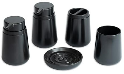 GRANA HOME 5tlg. Badezimmer Set aus matt schwarzem Kunststoff mit modernem Design - 2 Seifenspender, 2 Zahnputzbecher, 1 Seifenschale - Elegant und Funktional