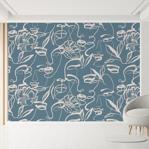 MUDECOR Wall Mural Elegant Floral Line Art Faces on Teal Background Not Peel and Stick, Non-Woven Wallpaper Wall Decoration for Bedroom Living Room - 132x192