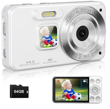 Digital Camera, Autofocus 4K 64MP Point and Shoot Digital Cameras for Teens with 64GB Card, 18X Zoom Anti-Shake Compact Video Camera for Student Kids Boys Girls Beginner - White
