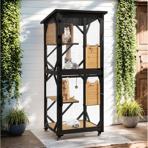 GIODIR 71 H Cat Catio Outdoor Cat Enclosure Window, 4 Tiers Cats Wooden House Cage on Wheels, Large Catios for Cats Indoor Patio with Waterproof Roof, Removable Floor and Scratching Post(Black)