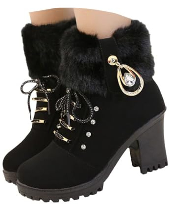 ticticlily Bottes pour Femmes Talons Épais Talons Hauts Bottes Courtes Bottines Nues Talon carré Loisirs Neige Semelles Épaisses C Noir 37 EU