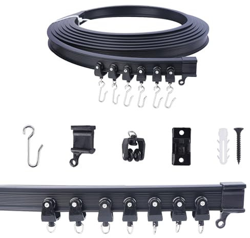 FOGAWA 5m Riel de cortina con 40 ganchos en S, rieles para cortinas de techo, riel cortina flexible plegable, sistemas de cortina riel techo para cortinas, ducha, separadores de ambientes, negro