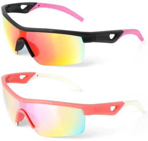 Tobriavor 2 Pièces Lunette de Soleil Enfant, Protection UV400 Lunettes Sport Lunettes de Vitesse Lunettes de Cyclisme Running Baseball pour 3-14 ans Garçons Filles