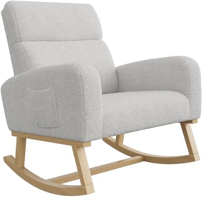 BLSYHDH Schaukelstuhl,Relaxsessel Schaukelsessel Wohnzimmersessel Schwingsessel Outdoor-Schaukelstuhl aus Holz mit Rückenlehne, Stillstuhl für Schlafzimmer, Wohnzimmer, Balkon (Lammwolle, Hellgrau)