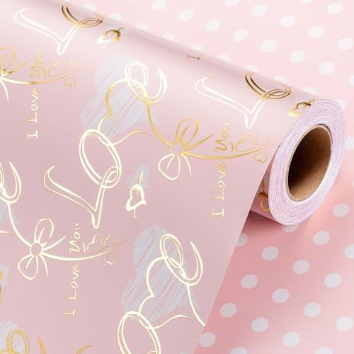 Wikadlik Rosa Geschenkpapierrolle, 43 cm x 10 m. Romantisches Liebesschriftband und Bogen-Punkte Geschenkpapier für Hochzeit, Valentinstag, Braut, Muttertag