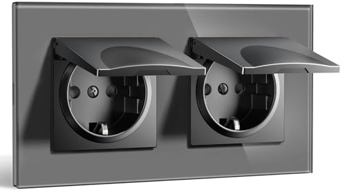 BSEEDLIFE Schuko Steckdose mit Wasserdichter Abdeckung, Unterputz 86 * 157mm, 16A EU-Doppelsteckdose mit Glasrahmen, Toilette/Küche, Einfache Installation (Klappkrallen), 2-Fach Grau