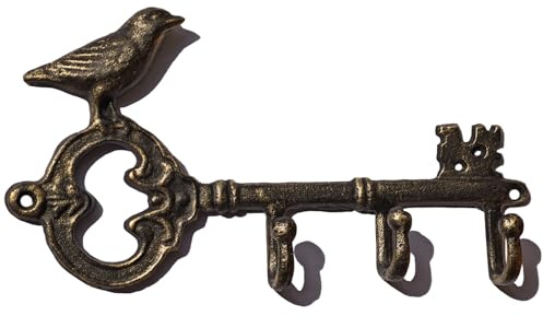 IRISVITA Key Hook for Home Decorative, Vintage Bronze Cast Iron Key Holder with 3 Hooks - Antique Bird Wall Art for Organizing Keys