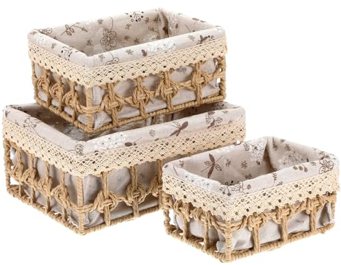 3 Pack Small Wicker Baskets with Lid & Liner, Paper Rope Woven Storage Basket, Rectangular Decorative Boxes Container Bins for Shelves Table Desktop Snacks Gifts Makeup Organizer