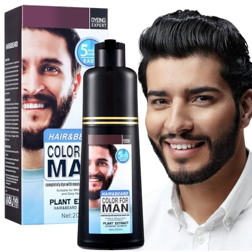 Shampoo 3 in 1 per tingere barba e capelli da uomo - Colorazione a base di erbe a lunga durata per capelli grigi, baffi e barba in pochi minuti, 6,76 fl oz (Natural Black)