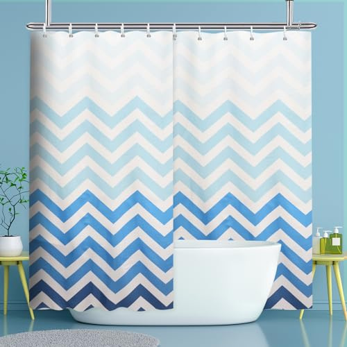 YISURE Duschvorhang Stoff Textil extrabreiter für Badewanne | Waschbar Farbverlauf von Blau zu Weiß Chevron Badewannenvorhang, Perfekt als Raumteiler, Breite 300 x extrahöhe 240cm