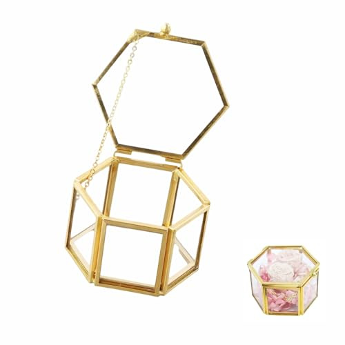 XIANGJIEU Glas Schmuckschatulle Golden Geometrische Ringschatulle Vintage Schmuck Box aus Metall und Glas für Ohrringe Ringe Armbänder