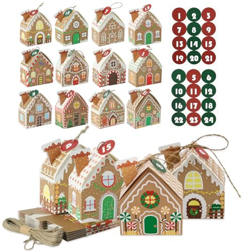 FEMONGY Adventskalender zum befüllen, Papierdrachen adventskalender, 24 bunte Falt-Schachteln zum Aufstellen und Dekorieren, 12 Hausformen