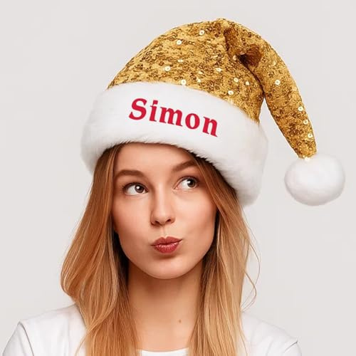 Fegiuly Personalisierte Pailletten-Weihnachtsmütze mit Namen – personalisierte Weihnachtsmütze für Erwachsene, ideal für Weihnachten, Neujahr, Halloween und Feiertagsfeiern