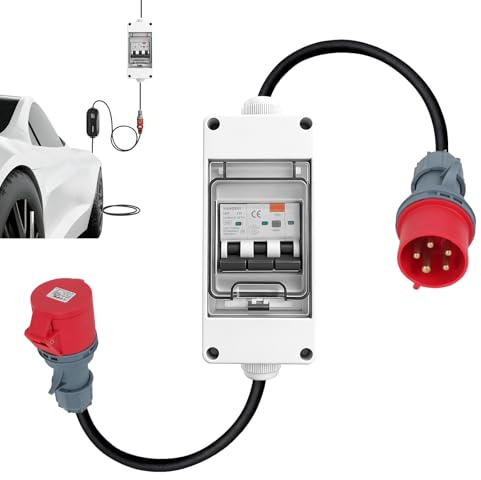 techextra CEE Adapter 32A auf 16A, CEE Stecker 16A mit FI-Schutzschalter 230V, Stromzähler für Steckdose IP44, 5-polig für Caravan Camping Baustelle Werkstatt