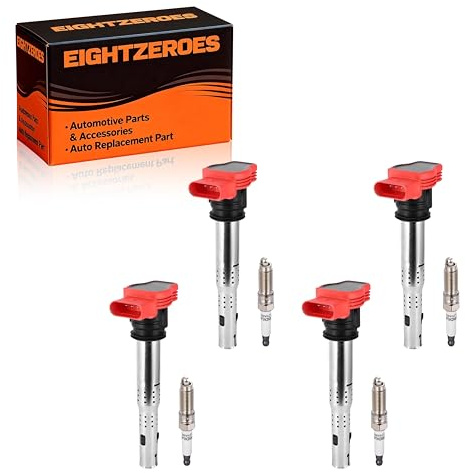Set of 4 UF529 Ignition Coil & Spark Plug 2.0L 3.0L 3.2L 4.2L 5.2L For Audi A3 A4 A5 A6 A7 TT Q5 SQ5,Volkswagen/VW Passat CC Tiguan MK5 & MK6 GTI Jetta Rabbit Golf 06E905115