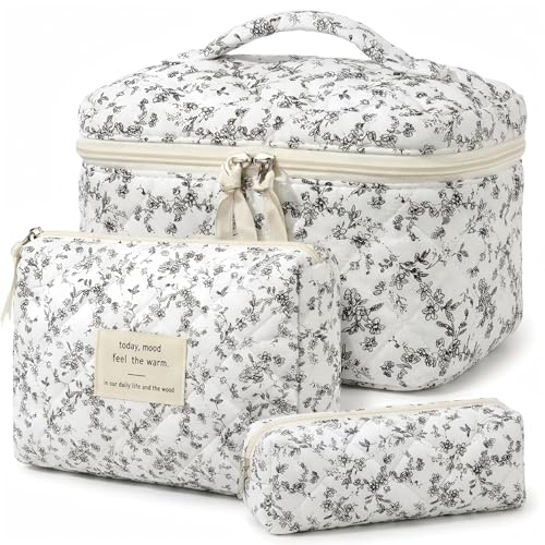 3er Set Kosmetiktasche, kulturtasche Damen mit Blumenmuster, Gesteppte kulturbeutel Make Up Tasche Reise, Tragbare Schminktasche Makeup Bag für Mädchen Frauen, Organizer Waschtasche
