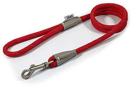Ancol Viva Reflective Rope and Leather Snap Dog Lead - Red - Durable Weatherproof Poly Weave Puppy Walking Accessory - 1.07m x 12mm
