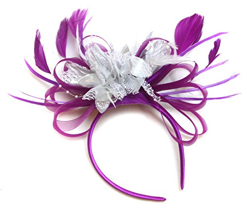 Plommon magenta och silver fjäder hår fascinator pannband bröllop kunglig askot tävlingar damer